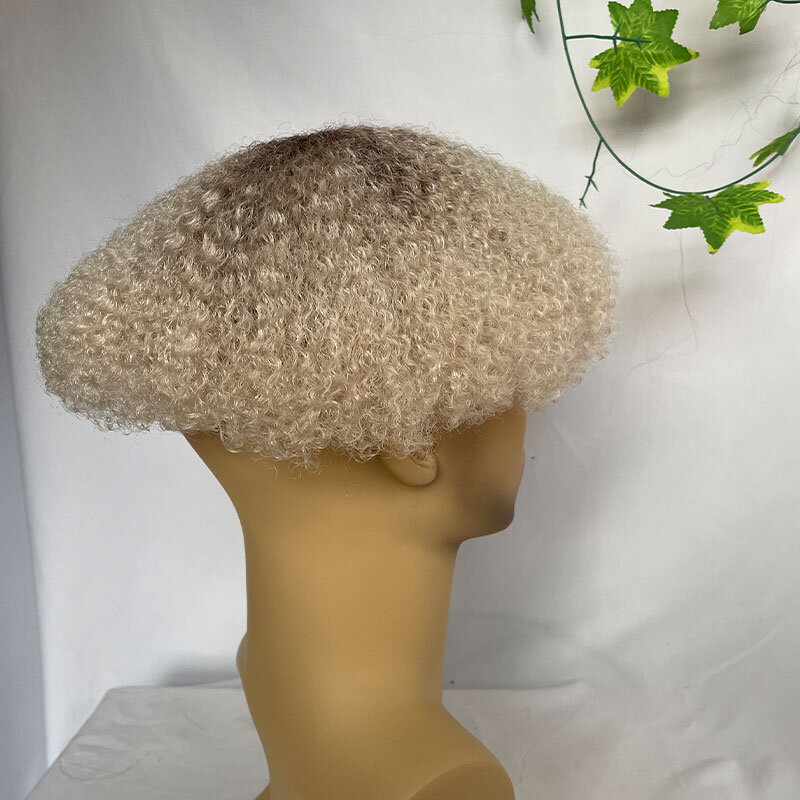 Wig keriting Afro gelombang 4mm untuk pria, Wig dasar renda Prancis warna Ombre, Unit sistem rambut untuk pria hitam, Wig rambut manusia