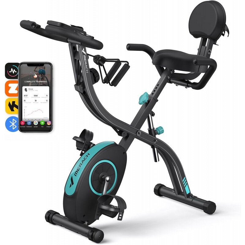 MERACH Folding Exercise Bike, 4 in 1 Magnetic Stationary Bike for Home with 16-Level Resistance, Exclusive APP, 300LB Capacity a