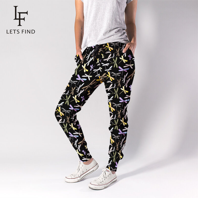 Letsfind alta quility feminino jogger 3d dragonfly impressão tem bolso casual macio calças estiramento streetwear