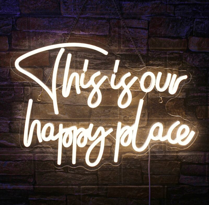 This Is Our Happy Place Neon Wall Decor Warm White LED Sign Bedroom Wall LED Neon Dimmable Neon Sign Birthday Gift