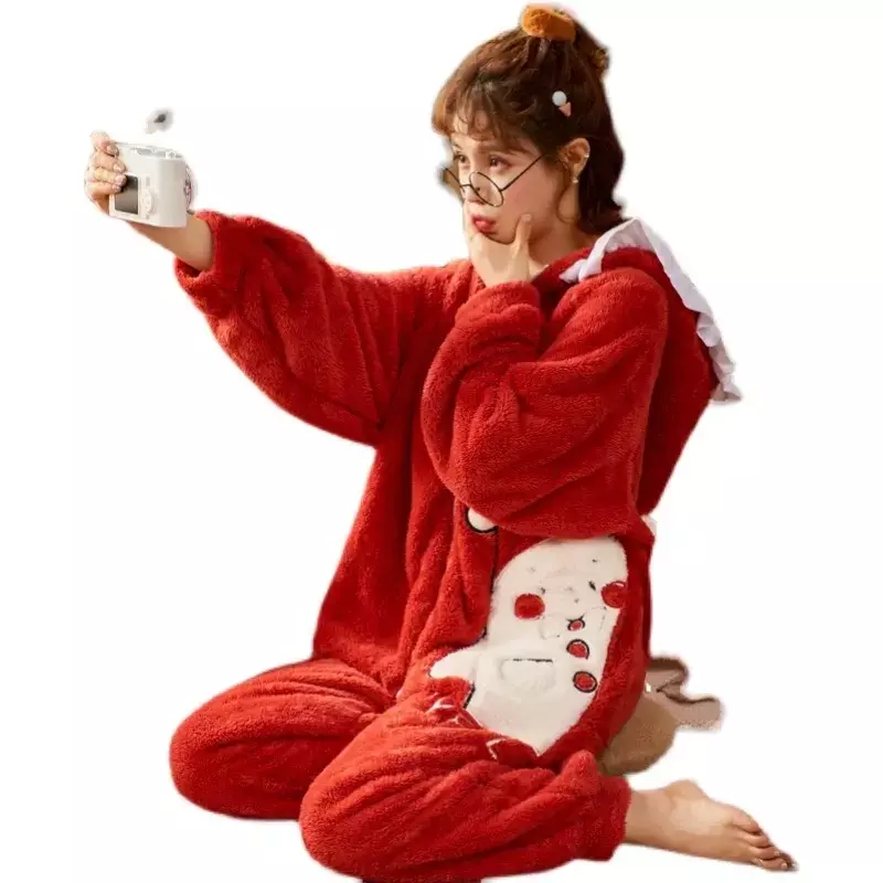 Pijama de lana de coral siamesa para mujer, ropa de dormir gruesa de Santa, dibujos animados, servicio a domicilio, 9911-8, Otoño e Invierno