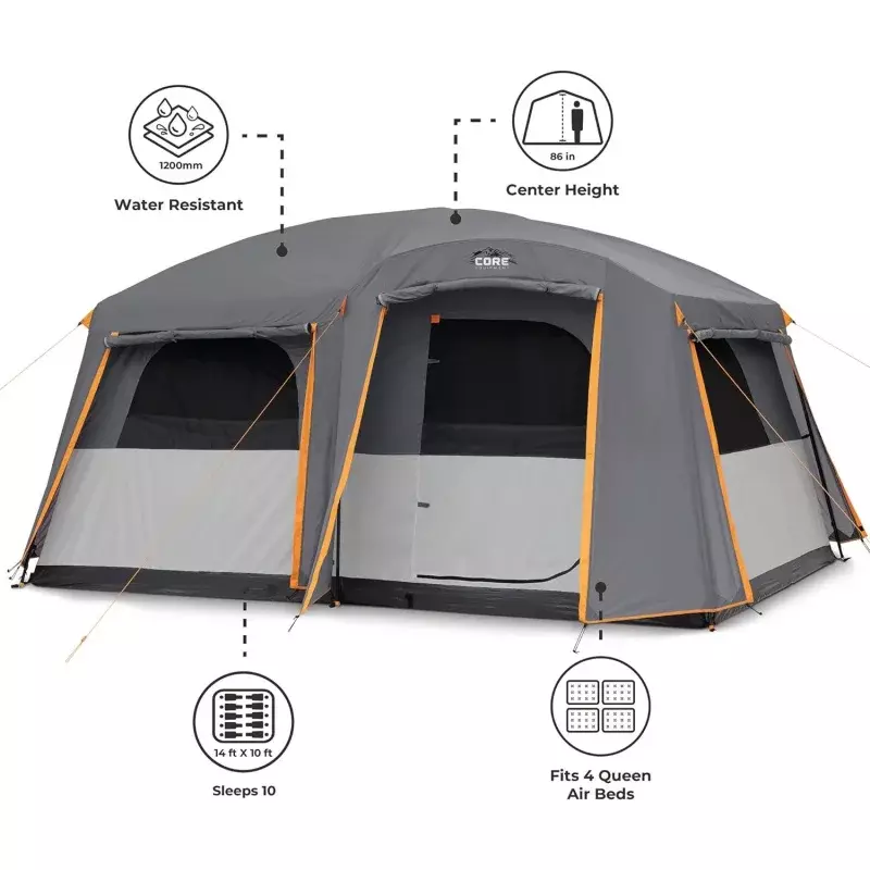 CORE-Grande tente multi-pièces pour la famille, pleine pluie pour le temps et le stockage, accessoires de camping, portable et énorme