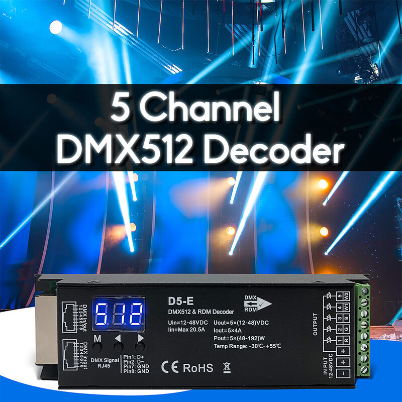 Pengendali LED PWM Driver Peredup Dekoder DMX512 5 Saluran untuk DC12V-48V dengan Tampilan Digital RDM untuk Lampu RGBCCT,RGBWW,RGBW