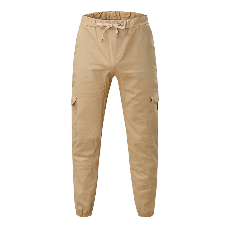 กางเกงคาร์โก้ผู้ชายสีทึบเอวยางยืดมีกระเป๋ามีเชือกรูดกางเกงฮิปฮอปกลางแจ้งกีฬาเดินป่ากางเกงฟิตเนส
