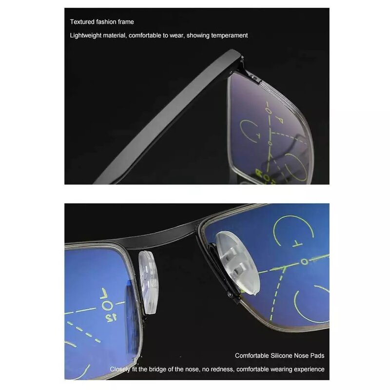 Óculos de leitura progressivos para homens e mulheres, multifocal, luz anti-azul, zoom inteligente, metal de meia armação, + 1,5, + 4,0