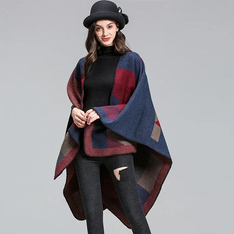 Poncho de malha casual para mulheres, elegante capa de comprimento médio, xale elegante, cor patchwork, novo, primavera e outono, T215, 2024