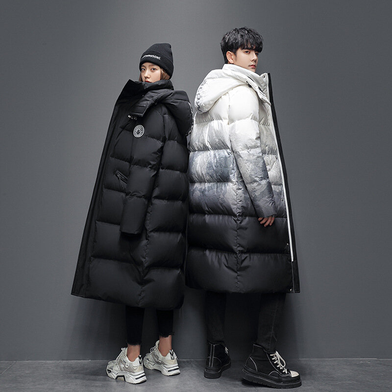 Inverno gradiente para baixo jaqueta masculina de comprimento médio sobre o joelho 2021 novo engrossado neve montanha tendência moda casaco