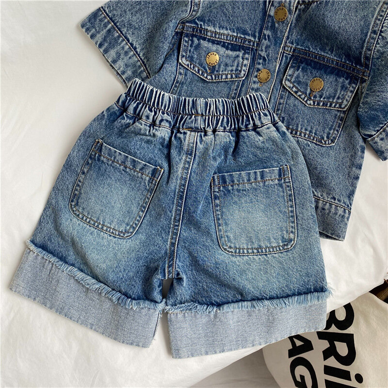 Calções jeans vintage masculino e feminino, calças infantis, versão coreana, verão, velho, borda do tesouro, 5 pontos, calças médias, 80-130cm
