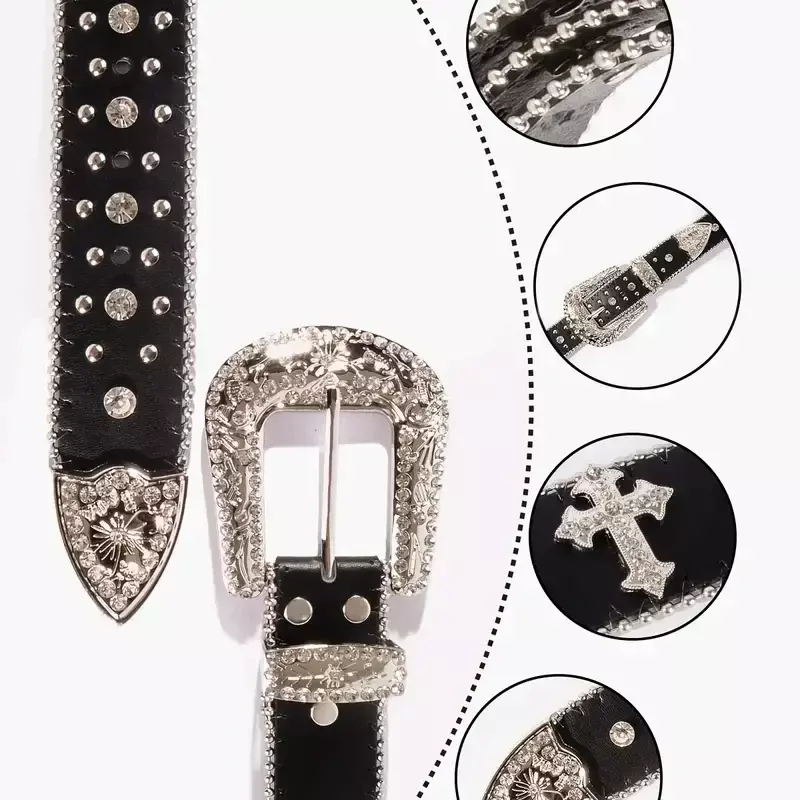 2024 Black Cross Rivet Belt Engraved Buckle Rhinestone Decor PU Belt Hip Hop Jeans Pants Belt Punk Western Cowboy Cowgirl Belts
