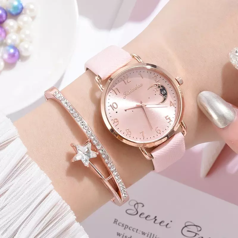 Ensemble de montre-bracelet à quartz pour femme, bracelet en cuir, cadran de lune et de chiffres, horloge pour femme, offre spéciale