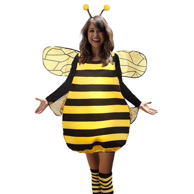 Gestreiftes Patchwork-Bienen kostüm für Frauen lustige Tier kostüme für Erwachsene mit Knies trümpfen und Cosplay-Outfit für Haar reifen auf Lager