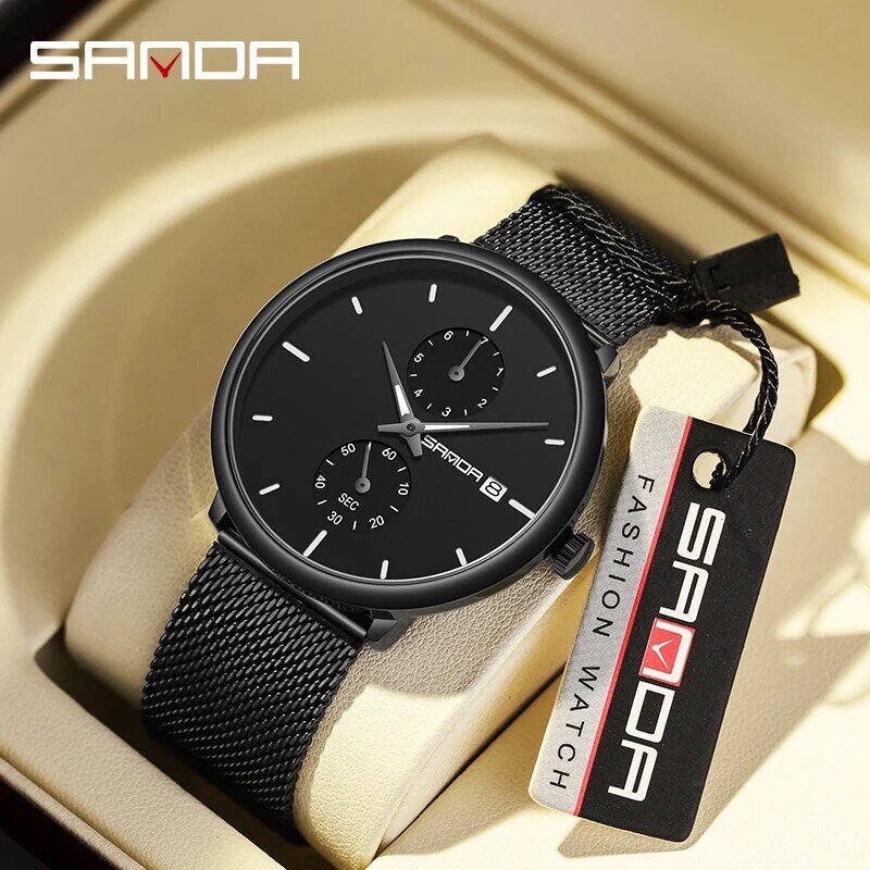 Часы SANDA Мужские кварцевые с сетчатым браслетом, люксовые брендовые ультратонкие, из нержавеющей стали, P1115