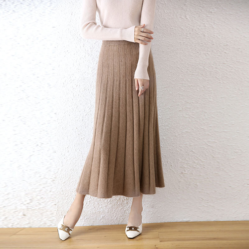 Autumn and winter new 100% pure wool long high waist slim skirt thickened A-line knitted cashmere pleated skirt.