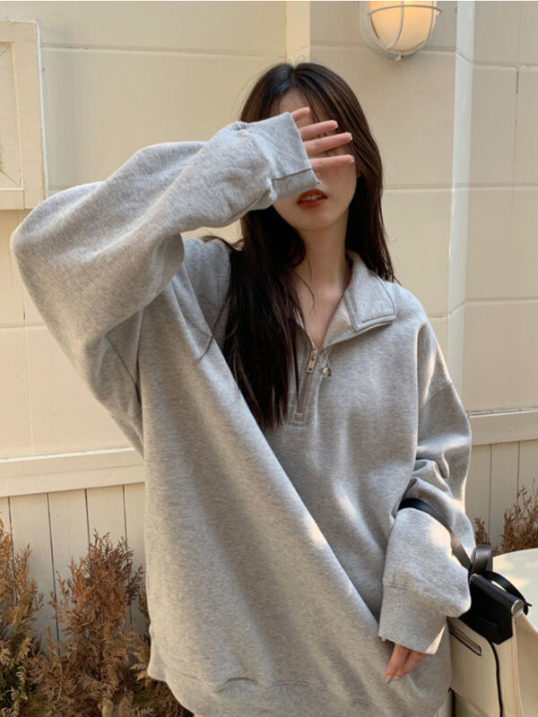 Deeptown-Sudadera con capucha para mujer, suéter holgado de gran tamaño, estilo Harajuku, con cremallera y cuello tipo Polo, informal y Vintage, moda coreana, color gris