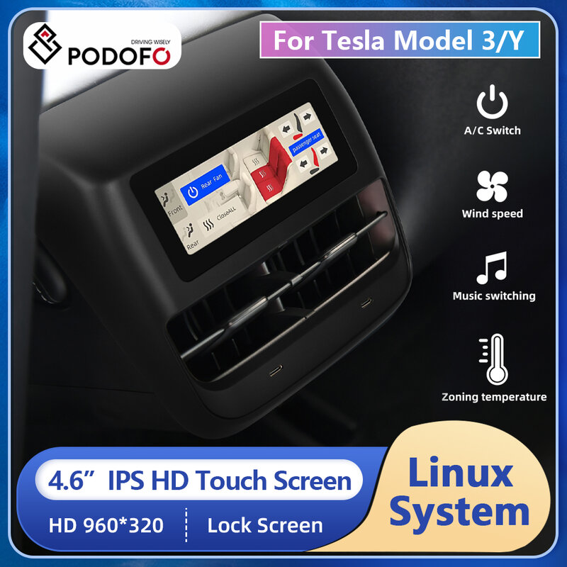 Podofo Rear Seat Screen For Tesla 3/Y 2019-2023 4.6Inch Entertainment System Rear Seat Climate Control with Seat Heating