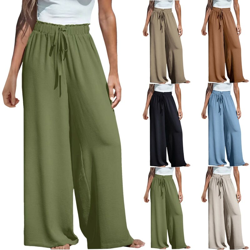 Celana panjang kaki lebar kasual wanita, bawahan serut elastis pinggang tinggi pantai Streetwear longgar 2024
