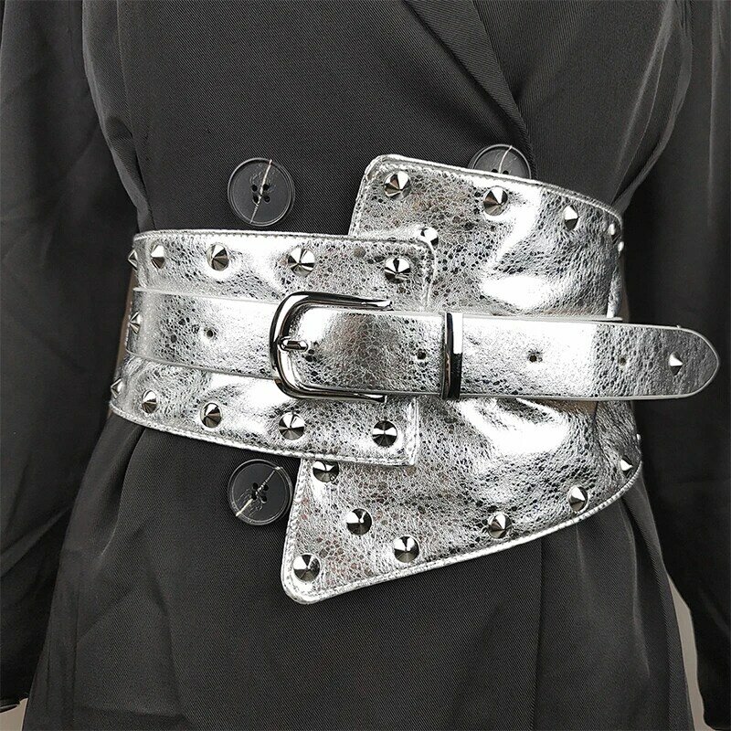 Bright Silver Vintage Rivet Women Faux Leather Waist Corset Elastic Wide Belt Body Shaper Slim Waistband for Daily Coat Dress