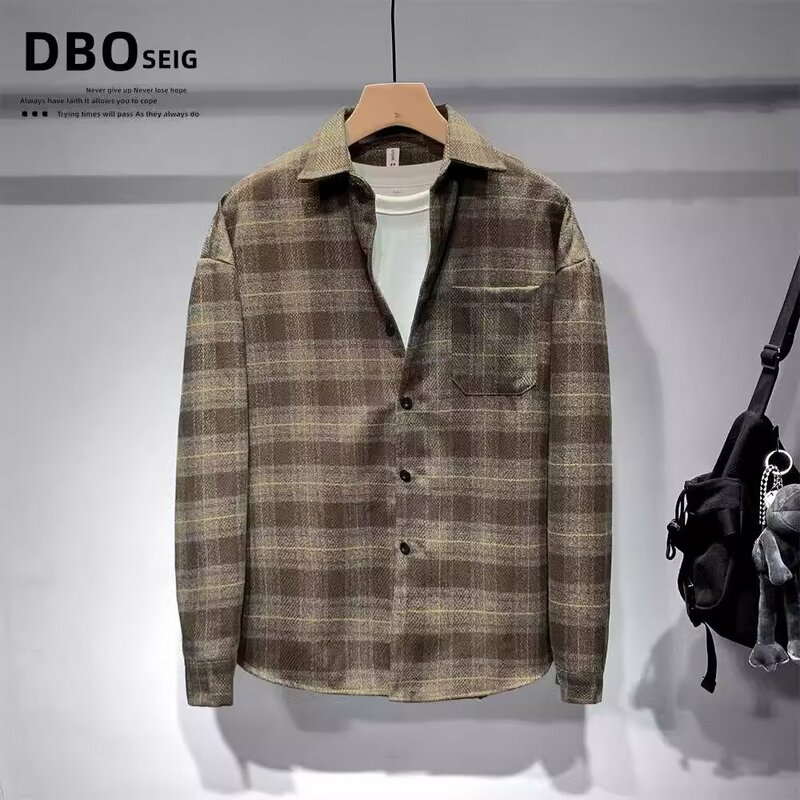 Y2K Coat Outerwear Plaid Shirt  Chic Loose Male Clothes Single Breasted Harajuku Jackets Shirts For Men Clothing Korean Style