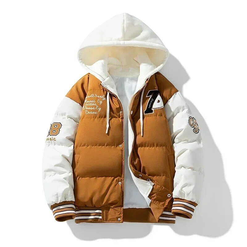 Новинка 2023, хлопковые пальто, Мужская зимняя модная утепленная пуховая куртка из двух частей, с капюшоном, теплая Свободная куртка с вышивкой и принтом