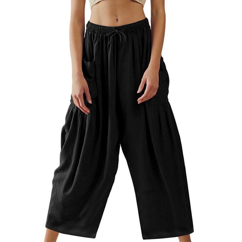 Celana Yoga olahraga celana Harem wanita pinggang tinggi celana longgar tipe sedikit elastis warna Solid sangat berlaku