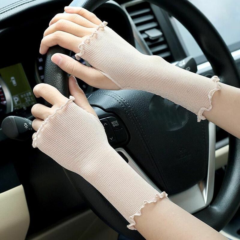 Guantes elásticos antideslizantes para mujer, manoplas transpirables Anti-UV con volantes brillantes, malla sin dedos, medio dedo