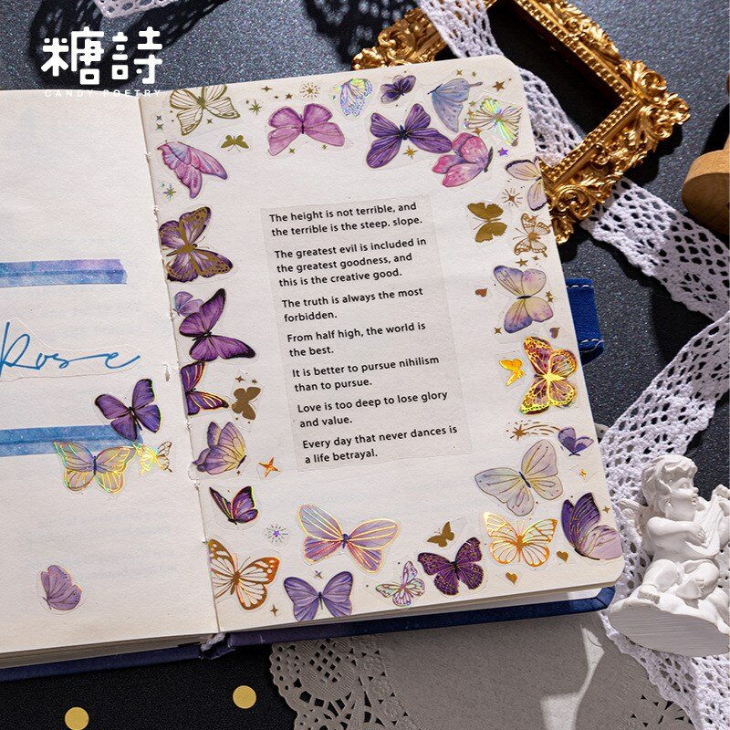 3 hojas de pegatinas de mariposa con purpurina, calcomanías decorativas impermeables para diario, cuaderno de recortes, diario, planificador