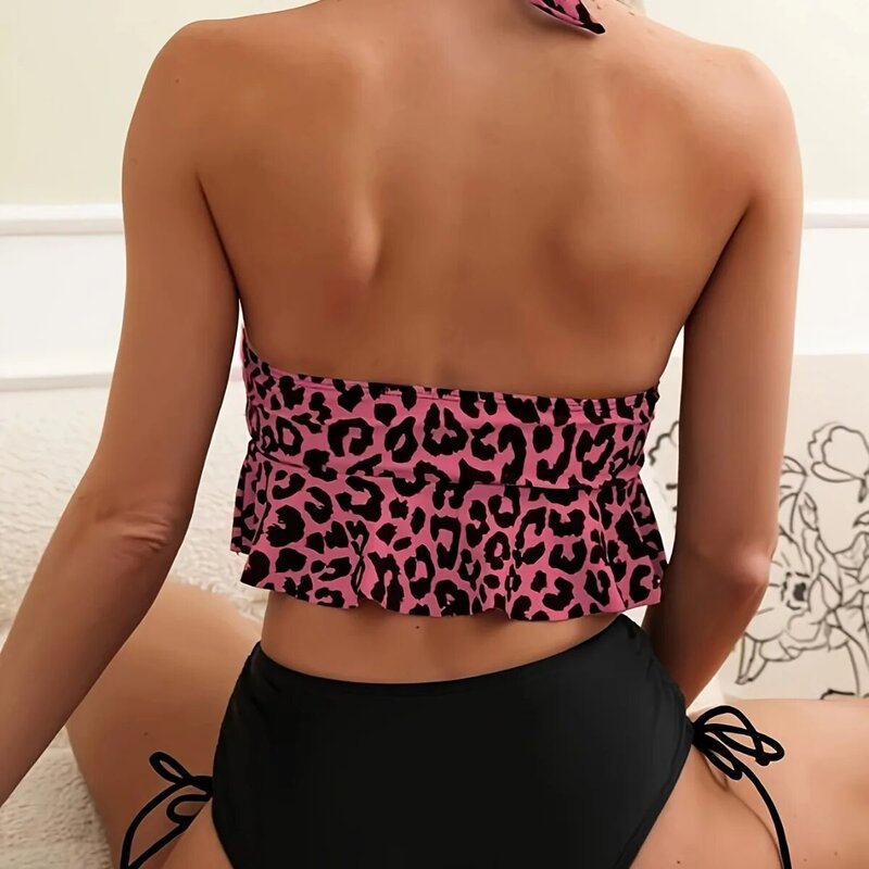 Mulheres Sexy Ruffle Bikini Set, Push Up ternos de banho, Swimwear, maiô de cintura alta, natação Beachwear, leopardo, 2 pcs