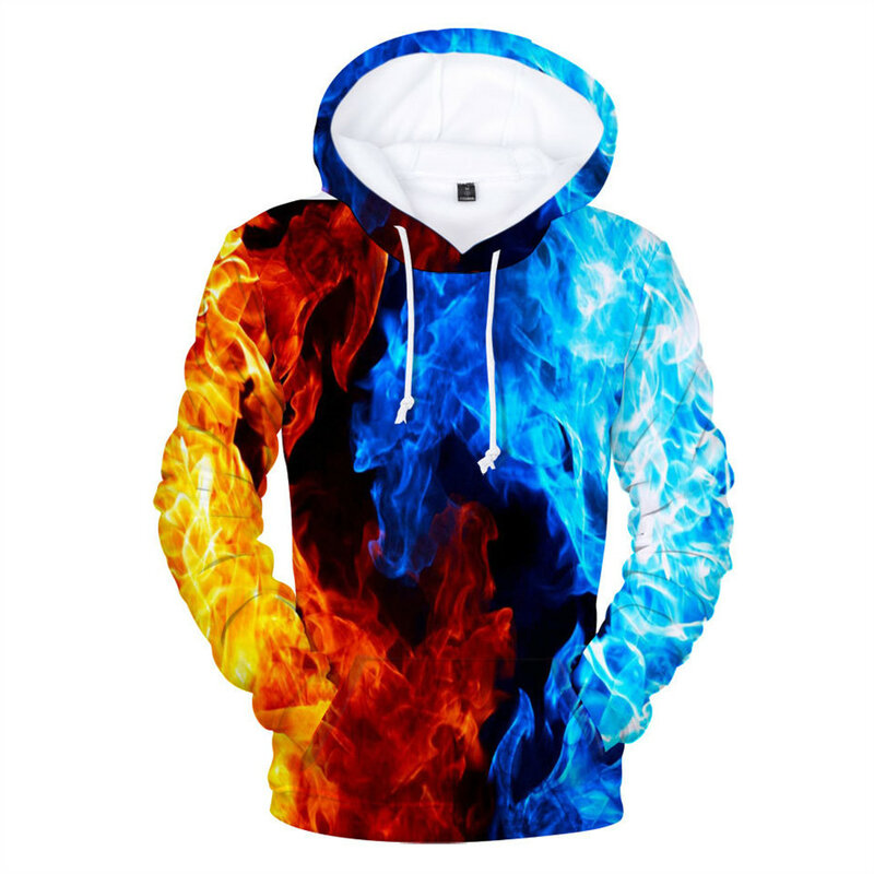 Homens e mulheres de impressão 3D colorido Flame Hoodie, camisola com capuz, jaqueta solta, casaco streetwear, outono, inverno, novo