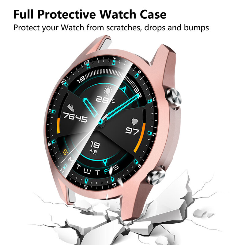 Funda protectora de vidrio templado 2 en 1 para Huawei Watch GT2 de 46mm, Protector de pantalla de parachoques para Huawei Watch GT 2 de 46mm