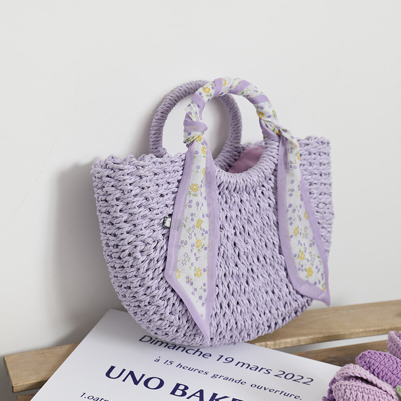 New Summer Purple Straw Woven Bag Seaside Holiday Beach Drawstring Straw Bag Female Portable Flower Silk Scarf Picnic Basket Bag