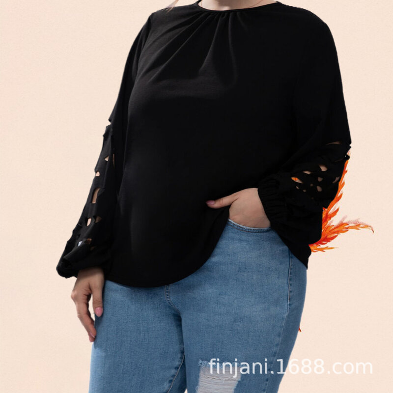 Camiseta de talla grande para mujer, camisa plisada de manga larga con agujeros y cuello redondo, Tops informales de Color liso para mujer 2023