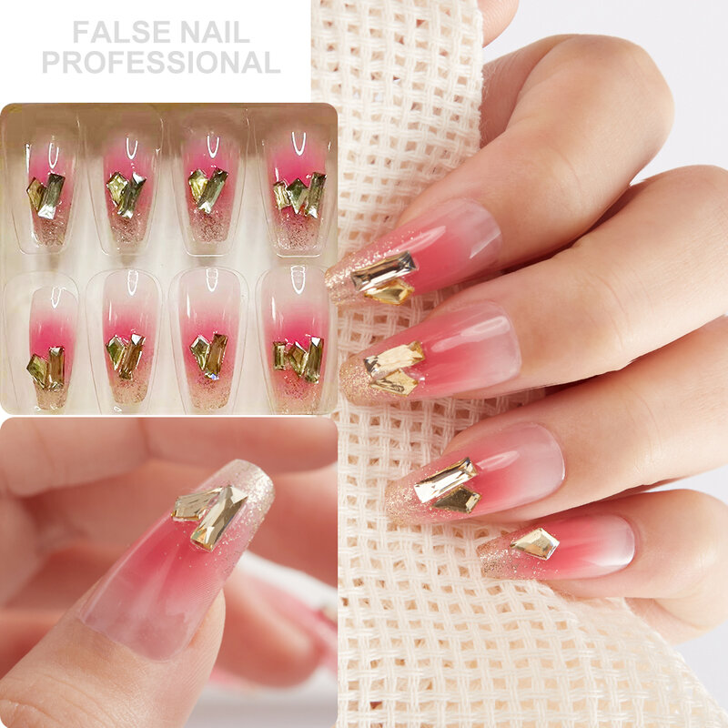 24Pcs/Box Blush Pink False Nails 3D Gold Diamond Bow Design Press On Nails Medium Length Full Cover Ballerina Fake Nail Tips #^#