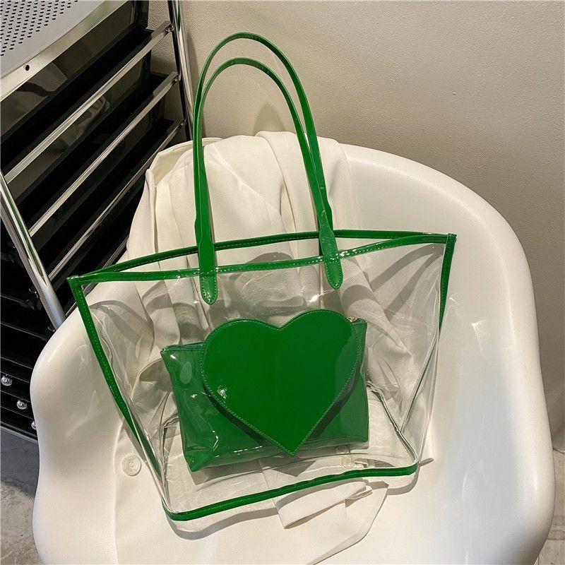 Bolso de gelatina láser para mujer, bolsa de hombro, informal, de gran capacidad, transparente, diseño de amor, 2023