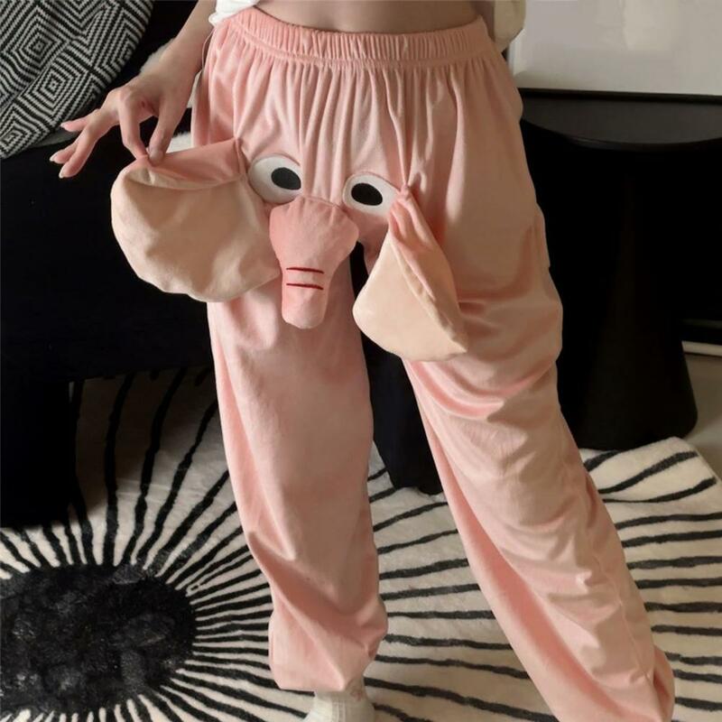Unisex solto grosso pelúcia pijama calças, calças de dormir longas, desenho animado elefante decoração, Homewear quente, inverno