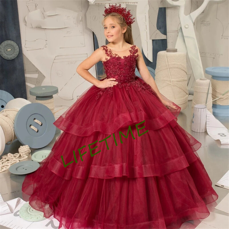 Красное Тюлевое Пышное Платье Aplique с цветами, кружевное платье без рукавов с многоярусными блестками для свадьбы, формального платья для святой причастия, дня рождения