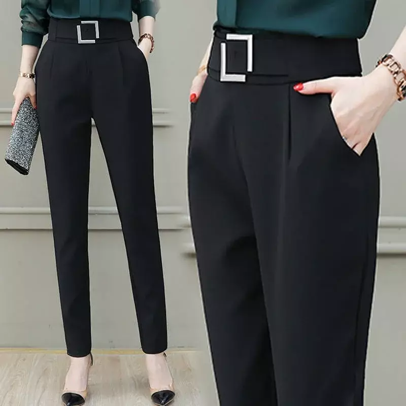 Spring and Summer Women Elastic Suit Harlan Pants Black High-waist Fashion Nine-point Suit Pants Slim Casual Pants Women