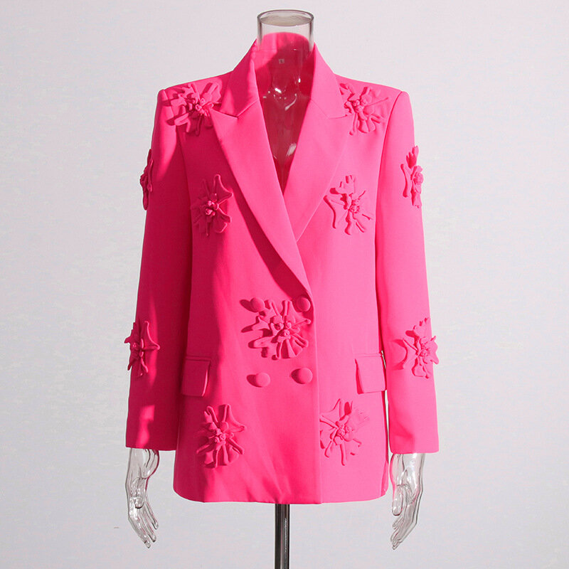 2023 Spring Three-dimensional Flower Lapel Mid-length Suit Jacket Pink Double-breasted Suit Top+suit Pants Designer Fashion Suit