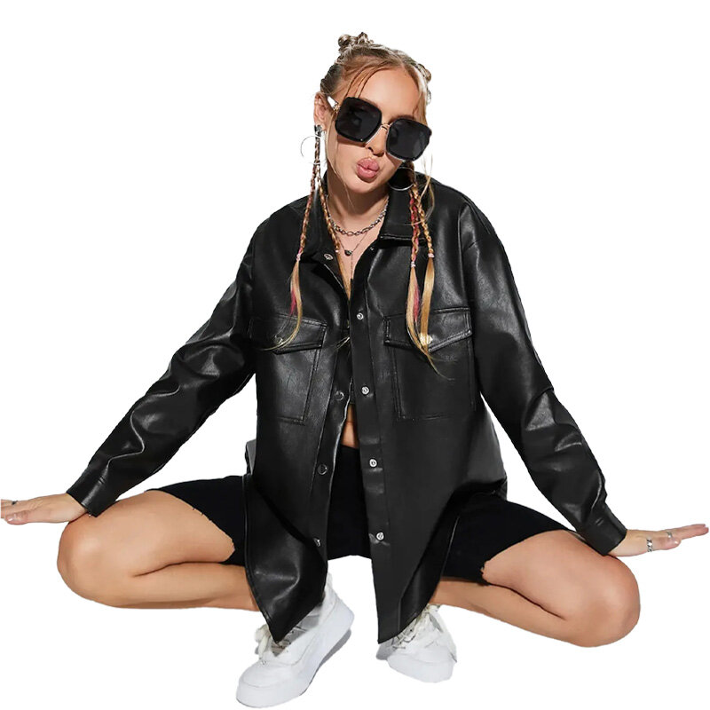 YEAE Black Pu Leather Women's Casual Fashion Lapel Jacket Spring Loose Women's Solid Color Shirt Flight Jacket Spice Girls Style