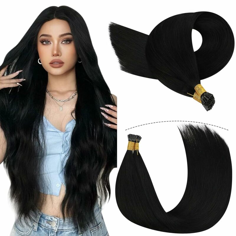 Straight I Tip Hair Extensions Human Hair #1 Jet Black Human Hair Remy I Tip Human Hair Extensions 100Strands/Pack