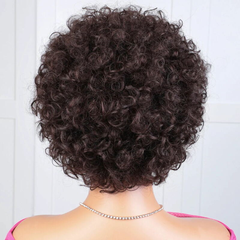 Sleek Brazilian Short Afro Curly Bob Human Hair Wigs With Bangs For Women Remy Hair Wear and Go Natural Brown Kinky Curly Wigs