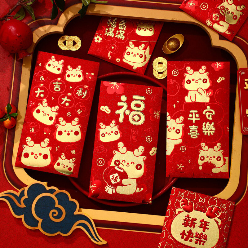 6pcs 2024 das Jahr des Drachen chinesische Art rotes Paket niedlichen Tierkreis Drachen muster rote Umschläge Glück Geld Tasche Neujahr liefert
