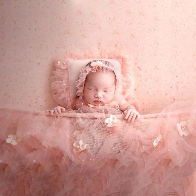Fotografia adereços recém-nascidos meninos meninas do bebê foto shoot adereços roupas travesseiro rendas-chapéu pérola-gaze leve foto adereços qx2d