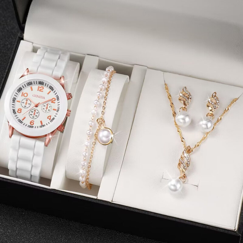 Conjunto de 5/2 piezas para mujer, reloj de pulsera de lujo, anillo, collar, pendientes, diamantes de imitación, informal, sin caja