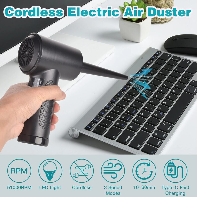 Compressed Air Duster for Computers Protable Cordless Air Blower Computer Cleaning with LED Light for PC Keyboard Crumbs Car