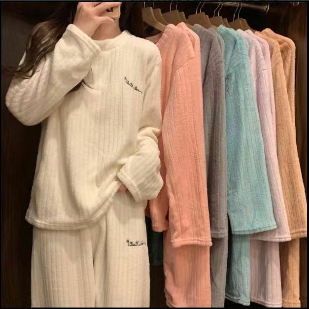 Autumn Winter Coral Fleece Pajamas Set Trousers Suit Warm Homewear Women Stripe Top&pants Loose Sleepwear Cozy Pyjamas Suit
