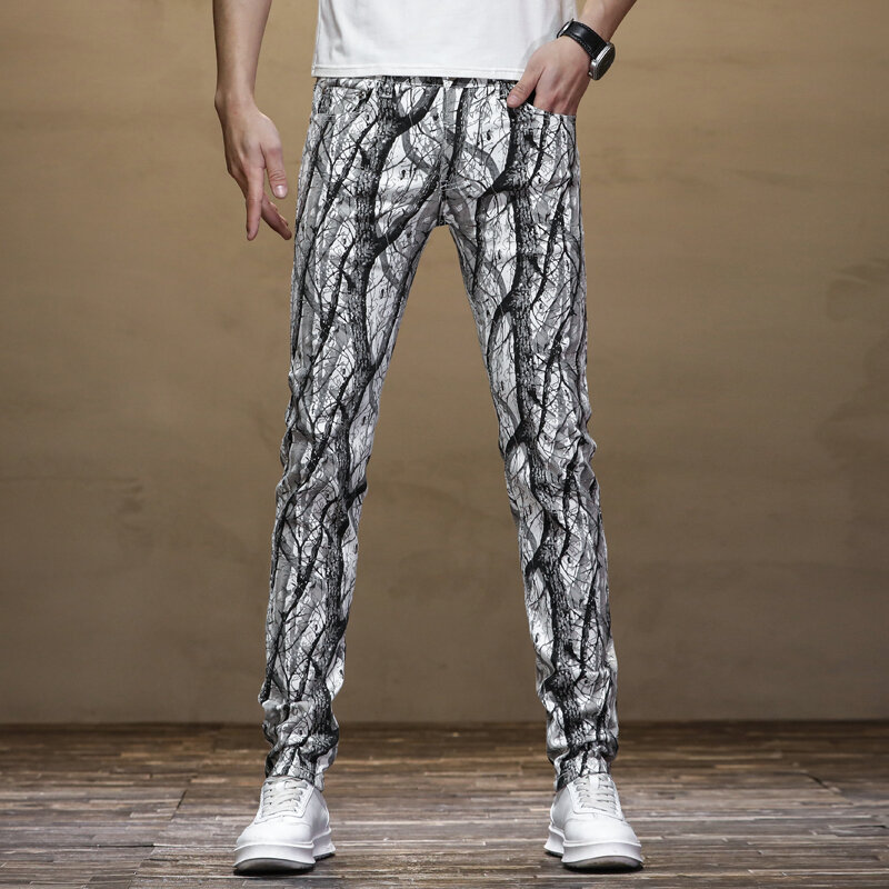 2024Spring and Summer New Digital Printed Jeans Men's Slim Fit Stretch Feet Personality Fashion Party Casual Trousers