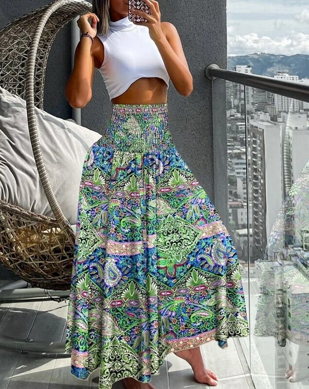 Gadis cantik 2024 baru Retro bunga suku cetak pinggang tinggi selendang celana kaki lebar kasual Y2K pakaian jalan