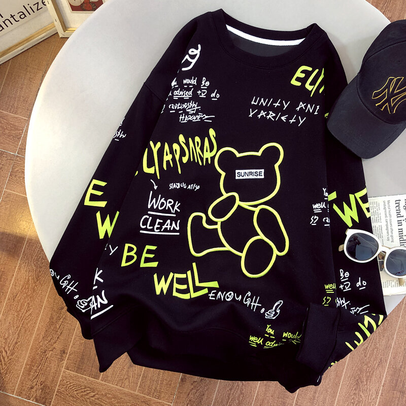귀여운 곰 자수 o넥 루즈핏 오버사이즈 풀오버 스웨트셔츠 여성용, 화이트 블랙, 화이트, 가을 상품