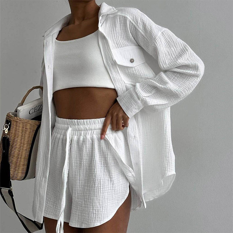 Summer Clothes Women Shirts Turn Down Collar Pockets Long Sleeve Tops and High Waist Shorts Suit Cotton Casual Two Piece Sets