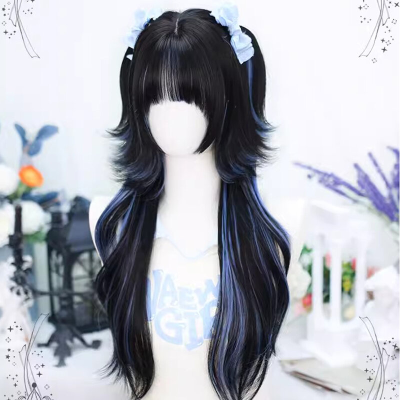 Lolita Wig sintetis pakaian sehari-hari anak perempuan, rambut palsu panjang rol alami